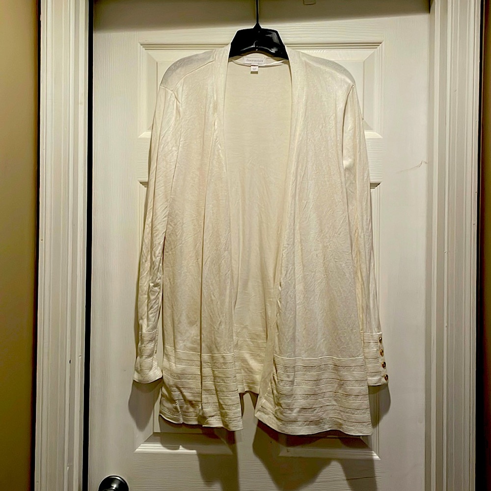 Cream hip length open front cardigan. Charter club. Worn once. Large.